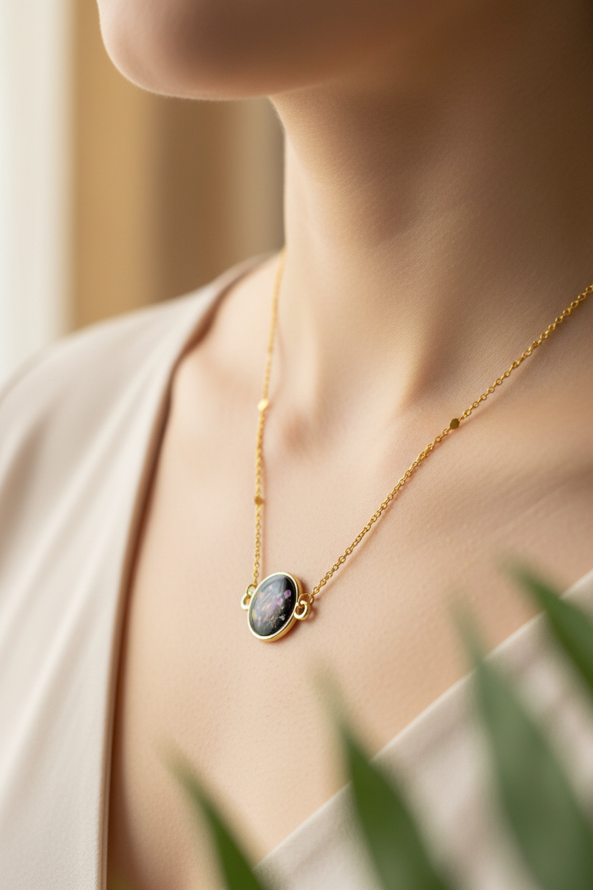 Small Floral Round Fixed Pendant Necklace worn on neck