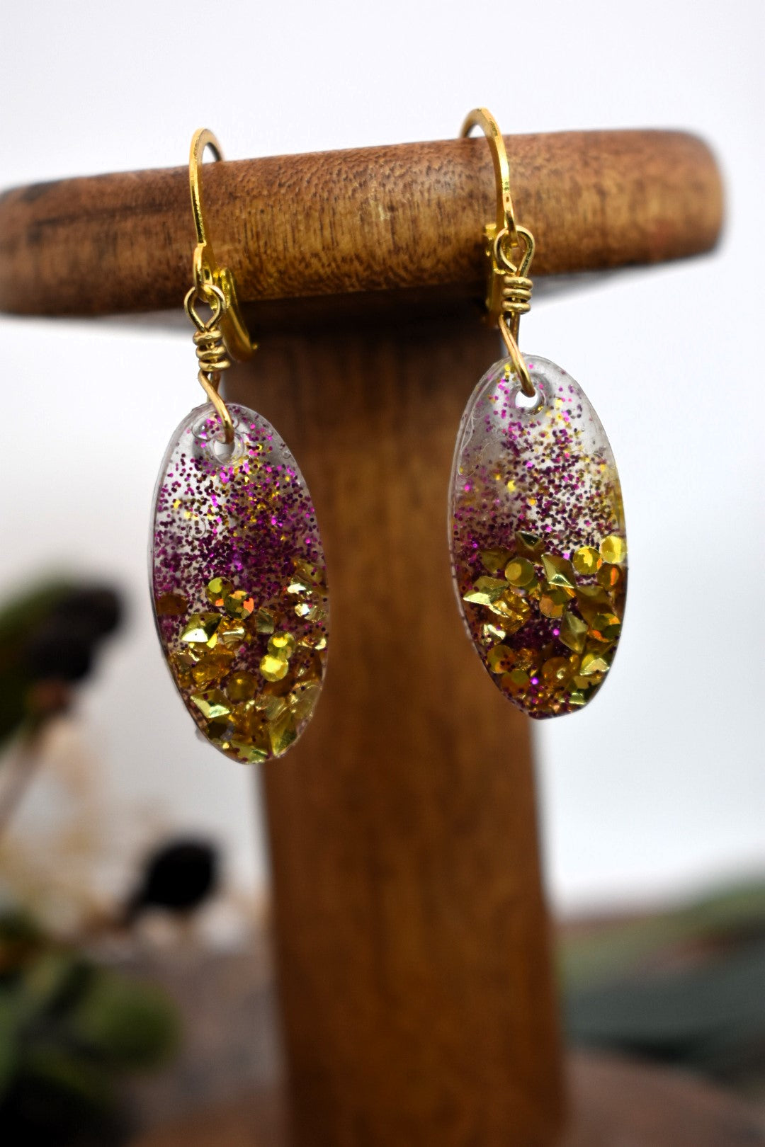 Purple & Gold Oval Drop Earrings