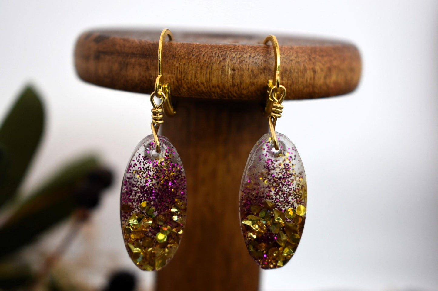 Purple & Gold Oval Drop Earrings