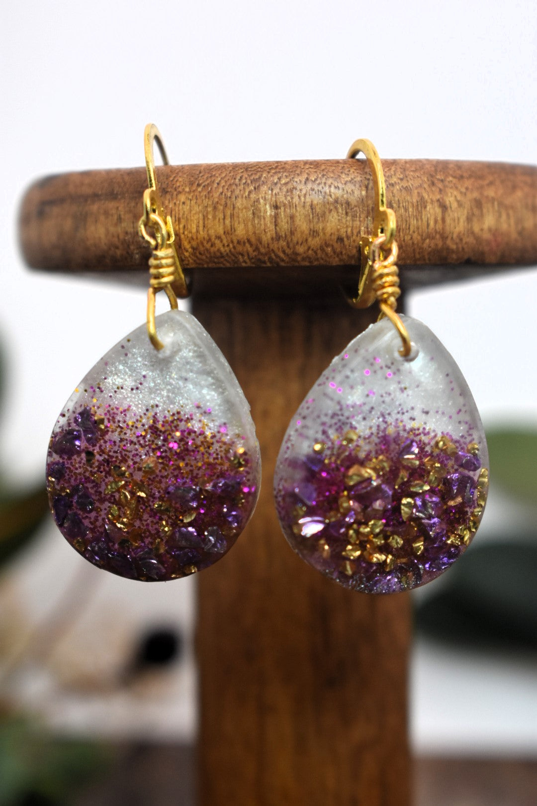 White, Purple & Gold Tear Drop Earrings