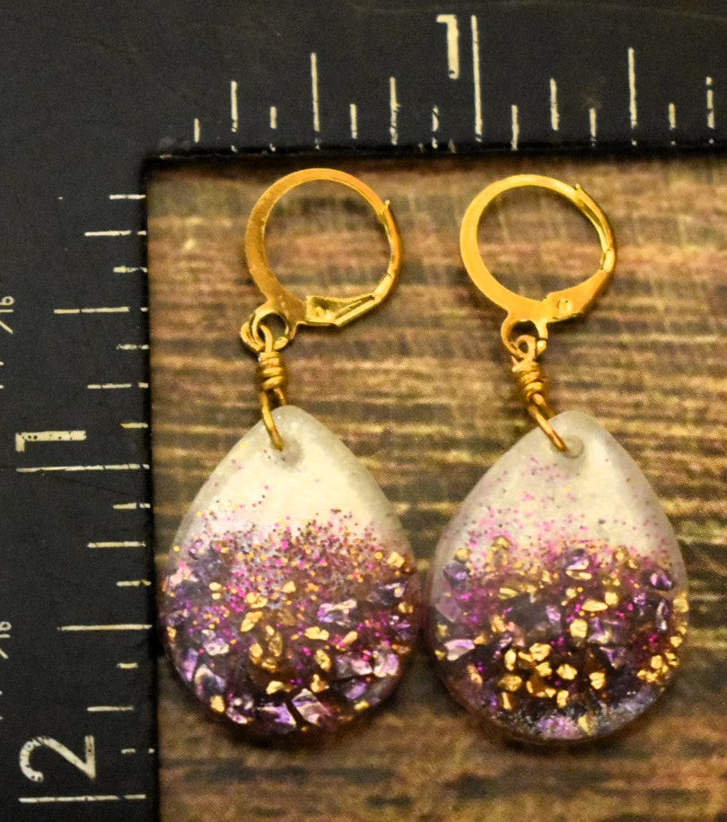 White, Purple & Gold Tear Drop Earrings