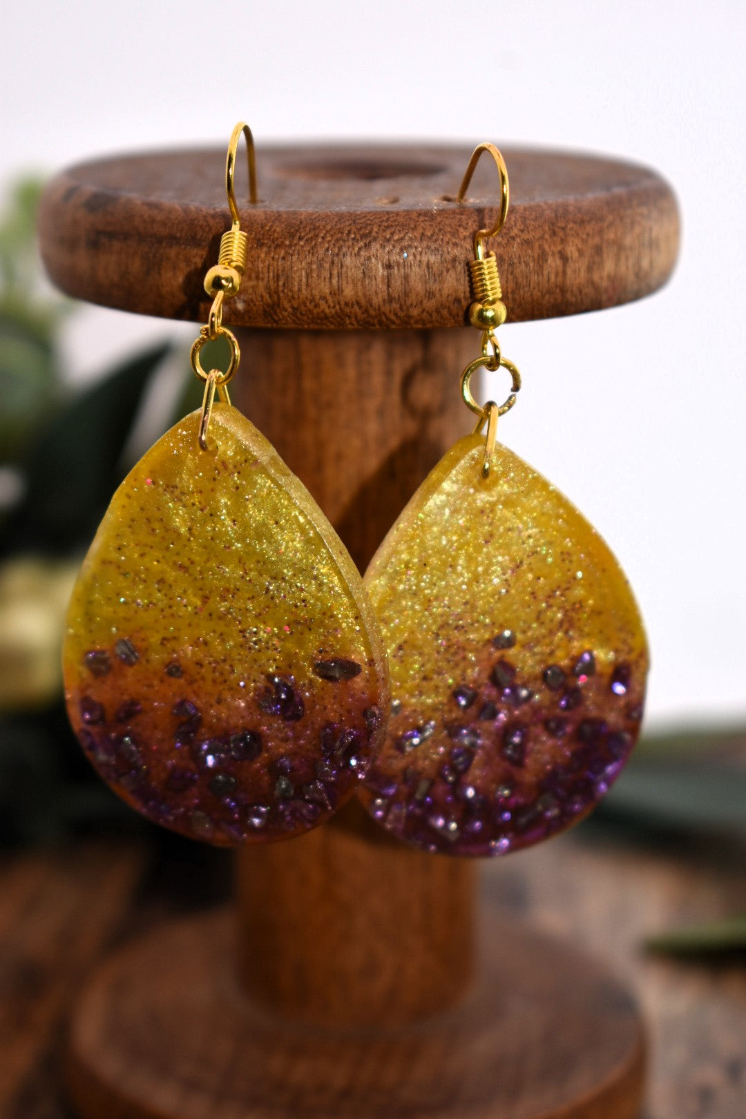 Gold & Purple Tear Drop Earrings